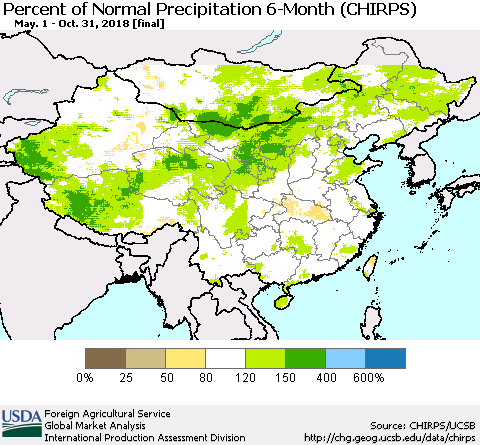 China, Mongolia and Taiwan Percent of Normal Precipitation 6-Month (CHIRPS) Thematic Map For 5/1/2018 - 10/31/2018