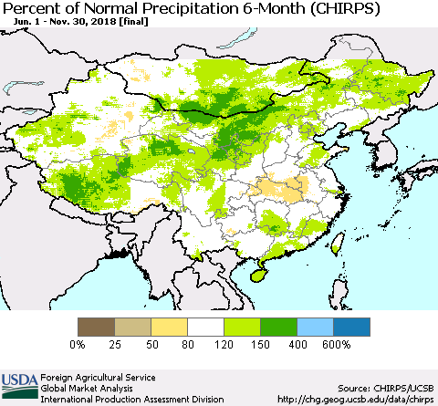 China, Mongolia and Taiwan Percent of Normal Precipitation 6-Month (CHIRPS) Thematic Map For 6/1/2018 - 11/30/2018