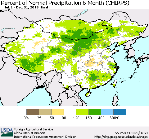 China, Mongolia and Taiwan Percent of Normal Precipitation 6-Month (CHIRPS) Thematic Map For 7/1/2018 - 12/31/2018