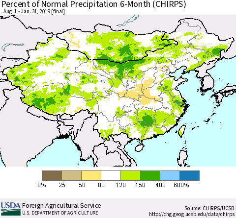 China, Mongolia and Taiwan Percent of Normal Precipitation 6-Month (CHIRPS) Thematic Map For 8/1/2018 - 1/31/2019