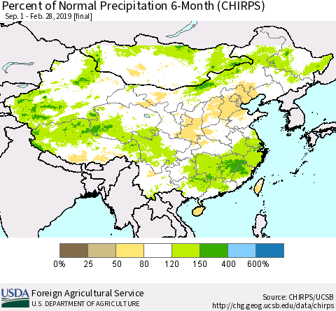 China and Taiwan Percent of Normal Precipitation 6-Month (CHIRPS) Thematic Map For 9/1/2018 - 2/28/2019