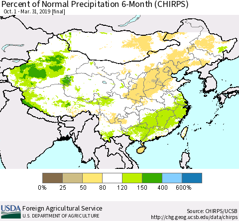 China, Mongolia and Taiwan Percent of Normal Precipitation 6-Month (CHIRPS) Thematic Map For 10/1/2018 - 3/31/2019