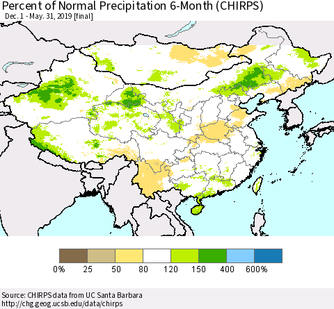 China and Taiwan Percent of Normal Precipitation 6-Month (CHIRPS) Thematic Map For 12/1/2018 - 5/31/2019