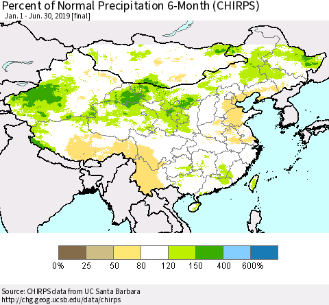 China and Taiwan Percent of Normal Precipitation 6-Month (CHIRPS) Thematic Map For 1/1/2019 - 6/30/2019