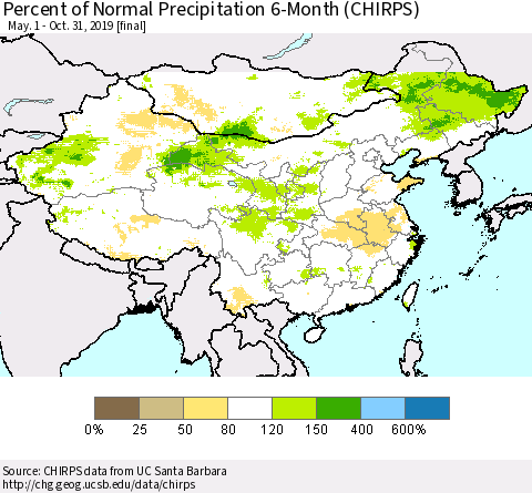 China and Taiwan Percent of Normal Precipitation 6-Month (CHIRPS) Thematic Map For 5/1/2019 - 10/31/2019