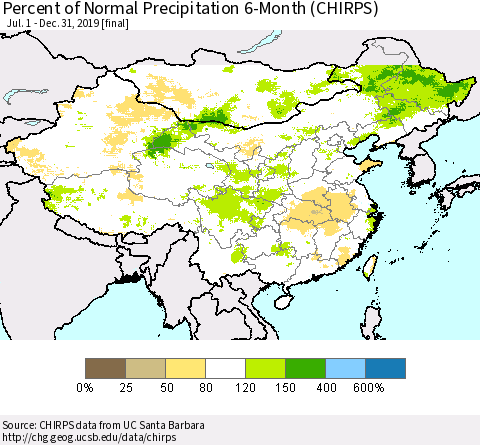 China, Mongolia and Taiwan Percent of Normal Precipitation 6-Month (CHIRPS) Thematic Map For 7/1/2019 - 12/31/2019