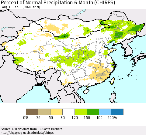 China and Taiwan Percent of Normal Precipitation 6-Month (CHIRPS) Thematic Map For 8/1/2019 - 1/31/2020