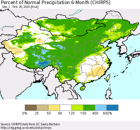 China and Taiwan Percent of Normal Precipitation 6-Month (CHIRPS) Thematic Map For 9/1/2019 - 2/29/2020