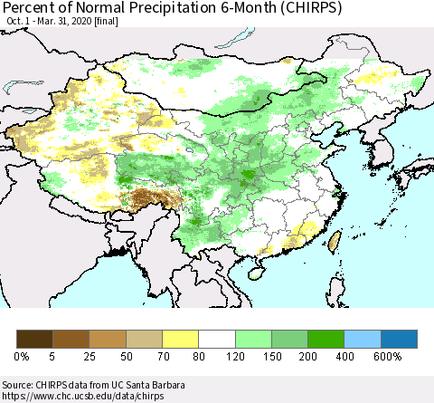 China and Taiwan Percent of Normal Precipitation 6-Month (CHIRPS) Thematic Map For 10/1/2019 - 3/31/2020