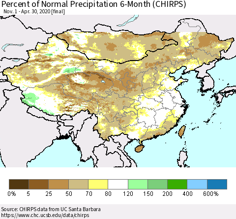 China, Mongolia and Taiwan Percent of Normal Precipitation 6-Month (CHIRPS) Thematic Map For 11/1/2019 - 4/30/2020