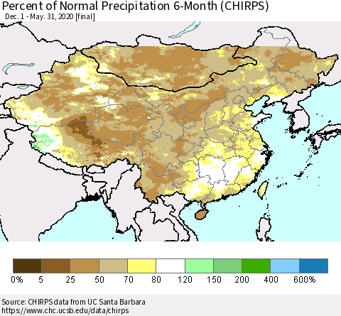 China and Taiwan Percent of Normal Precipitation 6-Month (CHIRPS) Thematic Map For 12/1/2019 - 5/31/2020