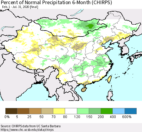 China and Taiwan Percent of Normal Precipitation 6-Month (CHIRPS) Thematic Map For 2/1/2020 - 7/31/2020
