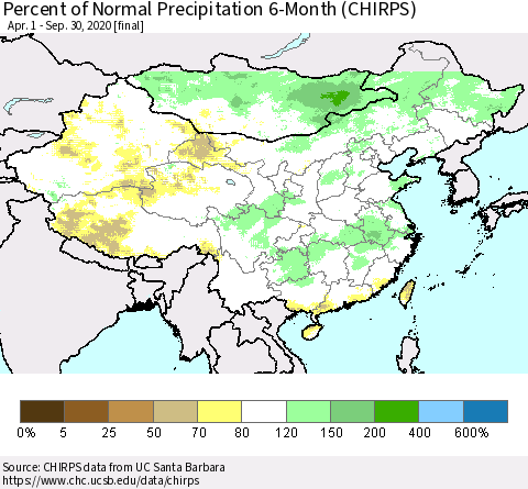 China, Mongolia and Taiwan Percent of Normal Precipitation 6-Month (CHIRPS) Thematic Map For 4/1/2020 - 9/30/2020