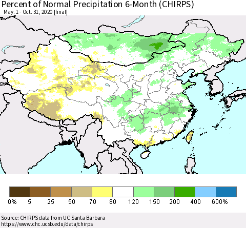 China, Mongolia and Taiwan Percent of Normal Precipitation 6-Month (CHIRPS) Thematic Map For 5/1/2020 - 10/31/2020