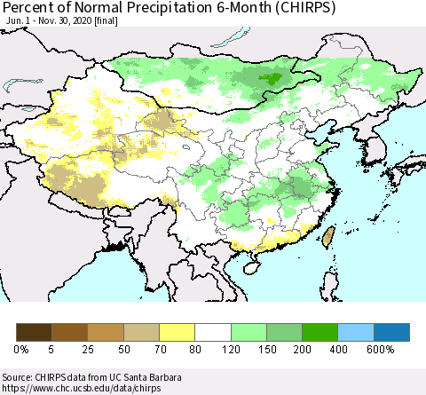 China and Taiwan Percent of Normal Precipitation 6-Month (CHIRPS) Thematic Map For 6/1/2020 - 11/30/2020