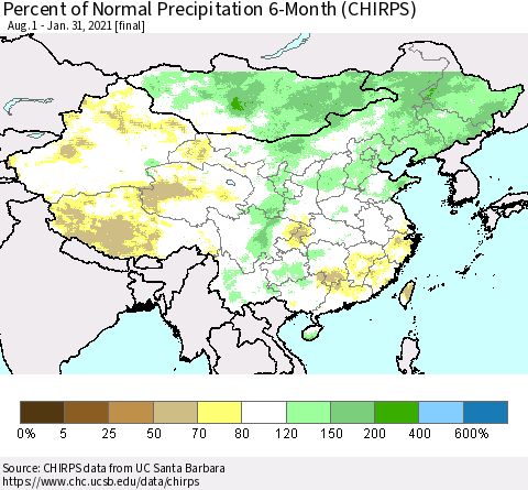 China and Taiwan Percent of Normal Precipitation 6-Month (CHIRPS) Thematic Map For 8/1/2020 - 1/31/2021