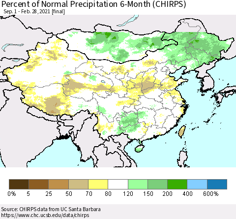 China and Taiwan Percent of Normal Precipitation 6-Month (CHIRPS) Thematic Map For 9/1/2020 - 2/28/2021