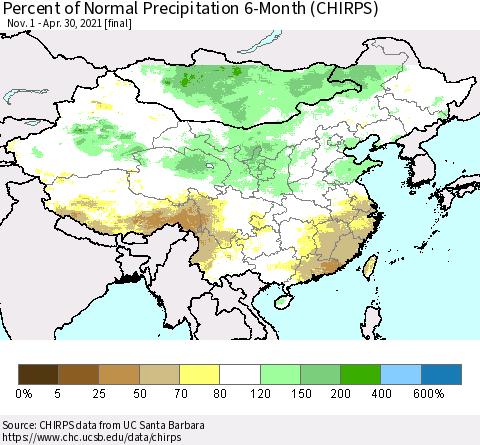 China and Taiwan Percent of Normal Precipitation 6-Month (CHIRPS) Thematic Map For 11/1/2020 - 4/30/2021
