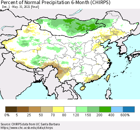China and Taiwan Percent of Normal Precipitation 6-Month (CHIRPS) Thematic Map For 12/1/2020 - 5/31/2021