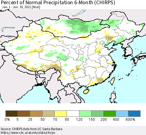 China, Mongolia and Taiwan Percent of Normal Precipitation 6-Month (CHIRPS) Thematic Map For 1/1/2021 - 6/30/2021