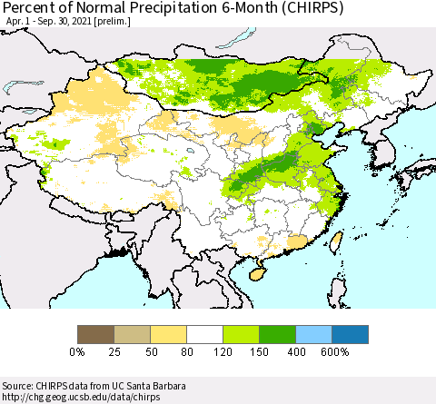 China and Taiwan Percent of Normal Precipitation 6-Month (CHIRPS) Thematic Map For 4/1/2021 - 9/30/2021