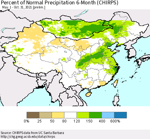China, Mongolia and Taiwan Percent of Normal Precipitation 6-Month (CHIRPS) Thematic Map For 5/1/2021 - 10/31/2021