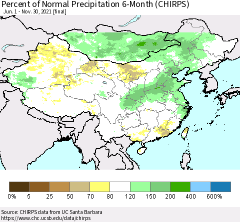China and Taiwan Percent of Normal Precipitation 6-Month (CHIRPS) Thematic Map For 6/1/2021 - 11/30/2021