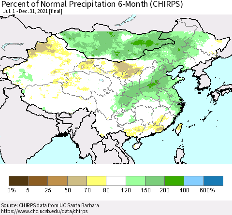 China and Taiwan Percent of Normal Precipitation 6-Month (CHIRPS) Thematic Map For 7/1/2021 - 12/31/2021
