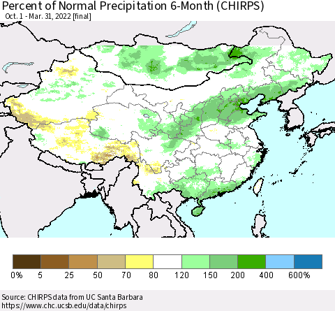 China and Taiwan Percent of Normal Precipitation 6-Month (CHIRPS) Thematic Map For 10/1/2021 - 3/31/2022