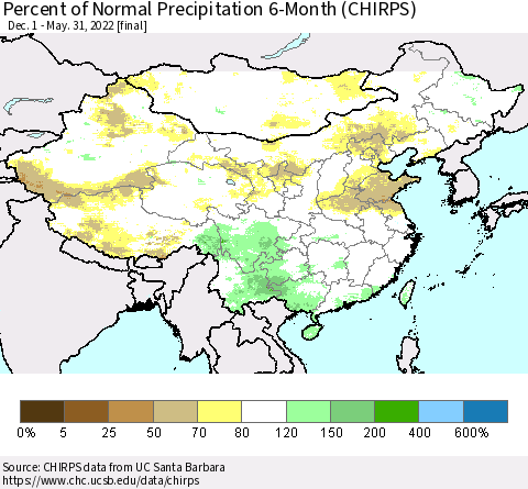 China and Taiwan Percent of Normal Precipitation 6-Month (CHIRPS) Thematic Map For 12/1/2021 - 5/31/2022
