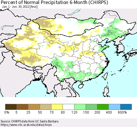 China and Taiwan Percent of Normal Precipitation 6-Month (CHIRPS) Thematic Map For 1/1/2022 - 6/30/2022