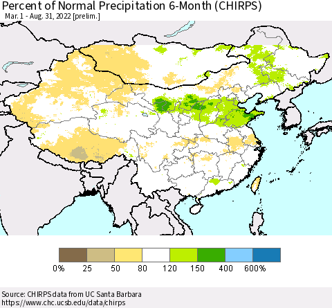 China and Taiwan Percent of Normal Precipitation 6-Month (CHIRPS) Thematic Map For 3/1/2022 - 8/31/2022