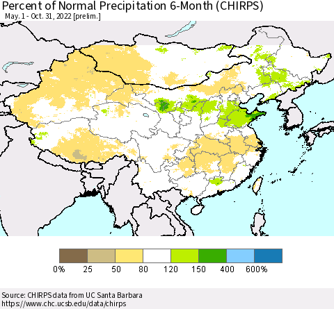China and Taiwan Percent of Normal Precipitation 6-Month (CHIRPS) Thematic Map For 5/1/2022 - 10/31/2022
