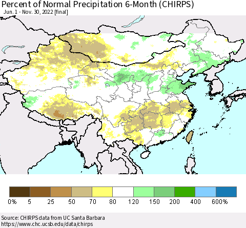 China and Taiwan Percent of Normal Precipitation 6-Month (CHIRPS) Thematic Map For 6/1/2022 - 11/30/2022