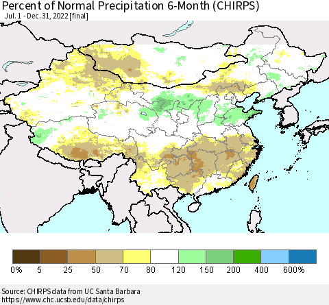 China, Mongolia and Taiwan Percent of Normal Precipitation 6-Month (CHIRPS) Thematic Map For 7/1/2022 - 12/31/2022