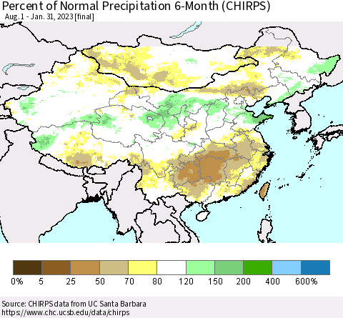 China, Mongolia and Taiwan Percent of Normal Precipitation 6-Month (CHIRPS) Thematic Map For 8/1/2022 - 1/31/2023