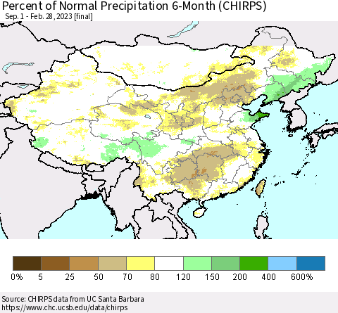 China and Taiwan Percent of Normal Precipitation 6-Month (CHIRPS) Thematic Map For 9/1/2022 - 2/28/2023