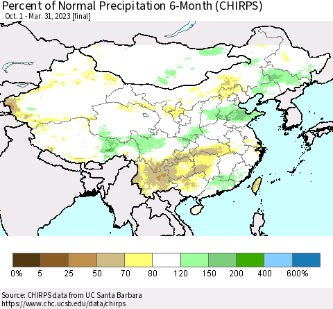 China and Taiwan Percent of Normal Precipitation 6-Month (CHIRPS) Thematic Map For 10/1/2022 - 3/31/2023