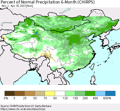 China and Taiwan Percent of Normal Precipitation 6-Month (CHIRPS) Thematic Map For 11/1/2022 - 4/30/2023