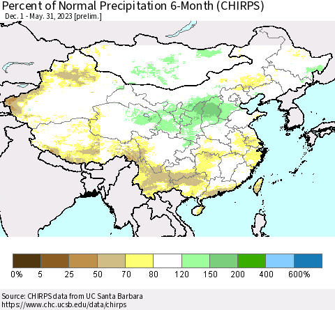 China and Taiwan Percent of Normal Precipitation 6-Month (CHIRPS) Thematic Map For 12/1/2022 - 5/31/2023