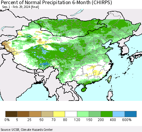 China, Mongolia and Taiwan Percent of Normal Precipitation 6-Month (CHIRPS) Thematic Map For 9/1/2023 - 2/29/2024