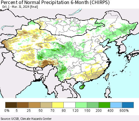 China, Mongolia and Taiwan Percent of Normal Precipitation 6-Month (CHIRPS) Thematic Map For 10/1/2023 - 3/31/2024