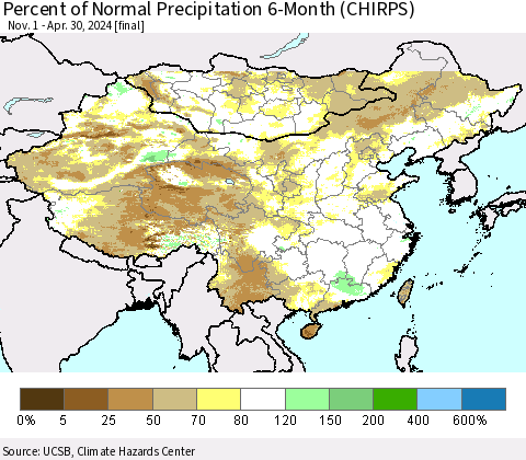 China, Mongolia and Taiwan Percent of Normal Precipitation 6-Month (CHIRPS) Thematic Map For 11/1/2023 - 4/30/2024