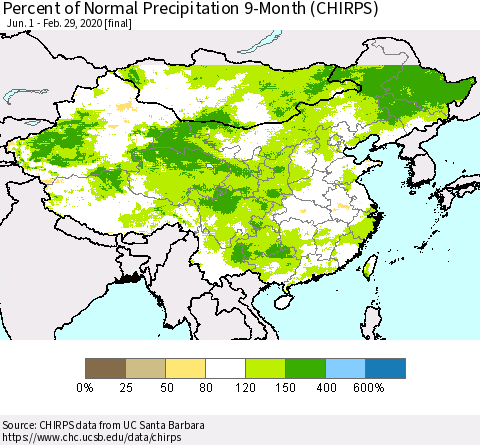China and Taiwan Percent of Normal Precipitation 9-Month (CHIRPS) Thematic Map For 6/1/2019 - 2/29/2020