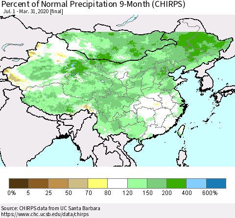 China, Mongolia and Taiwan Percent of Normal Precipitation 9-Month (CHIRPS) Thematic Map For 7/1/2019 - 3/31/2020