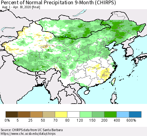 China, Mongolia and Taiwan Percent of Normal Precipitation 9-Month (CHIRPS) Thematic Map For 8/1/2019 - 4/30/2020