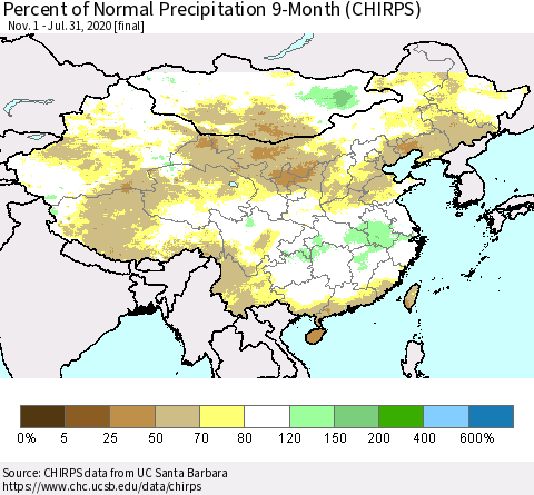 China and Taiwan Percent of Normal Precipitation 9-Month (CHIRPS) Thematic Map For 11/1/2019 - 7/31/2020