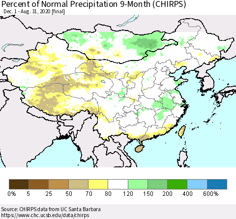 China and Taiwan Percent of Normal Precipitation 9-Month (CHIRPS) Thematic Map For 12/1/2019 - 8/31/2020