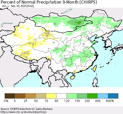 China and Taiwan Percent of Normal Precipitation 9-Month (CHIRPS) Thematic Map For 1/1/2020 - 9/30/2020