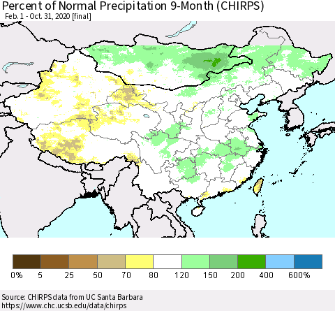 China and Taiwan Percent of Normal Precipitation 9-Month (CHIRPS) Thematic Map For 2/1/2020 - 10/31/2020